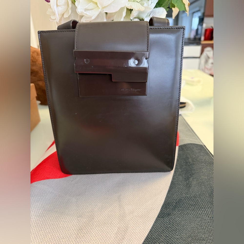 Salvatore Ferragamo vintage Dark Brown patent Leather Messenger Bag. Very rare